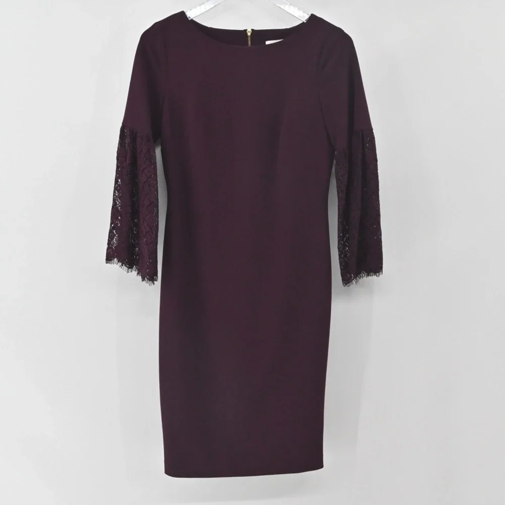 Calvin Klein Burgundy Sheath Dress Size 4 Lace Bell Sleeve Sheath Moody Romantic - Picture 2 of 14